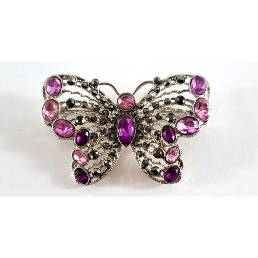 Liz Clairborne Butterfly Brooch Pin Pink Black Rhinestones 3" Silver Tone
